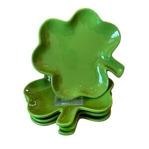 Maxcera Shamrock Clover Salad Dessert Plates 8in Green Ceramic Set of 4 New